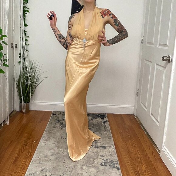 Y2K Vintage Rhinestone Satin Halter Prom Maxi Dress Sleeveless Size M Gold - Picture 2 of 14